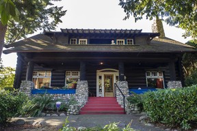 The house was built circa 1912-17 and sits on three lots. The columns are river rock from the Capilano River, the logs come from the Sunshine Coast.