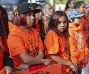 Several hundred people took part in a march to recognize the National Day for Truth and Reconciliation in North Vancouver, BC Friday, September 30.  The march began at St. Thomas Aquinas Regional Secondary school and wound through North Vancouver to the Tsleil-Waututh Nation reserve. 
(Photo by Jason Payne/ PNG)