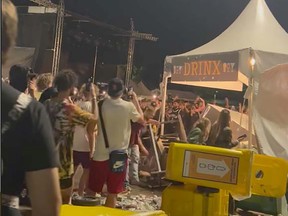 Screenshots of concertgoers vandalizing a tent at the PNE Amphitheater after rapper Lil Baby canceled his performance at the Breakout festival on September 18 (Screenshot/video credit: Chad Falk)