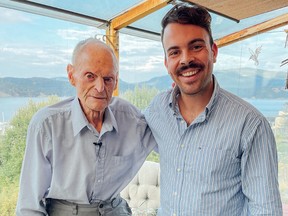 Donald "Doc" Payne, who lives in Cowichan, with Victoria documentary filmmaker Eric Brunt. Payne was piloting a bomber in the late stages of the Second World War when his plane was hit and he made a forced landing in the Baltic Sea. Payne and another crew member were ejected and the other crewman did not make it to the life raft. The six surviving crewmen were at sea for 10 days before being saved by a German fishing boat.