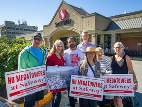 From left, Loris Bertonello, Paisley Woodward, Zakir Suleman Cylia Wong, Craig Ollenberger, Ann Daskal and Mary Carman in front of Safeway at Broadway near Commercial Drive. They are residents who welcome density, but are update that the mayor appears to be deviating from a 2016 area plan by allowing even-higher highrises and playing down increases in affordable housing options.