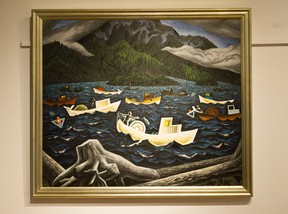 EJ Hughes Fish Boats, Rivers Inlet (1946) at the Heffel Gallery in Vancouver, BC, October 24, 2018. This was one of the paintings Max Stern saw at UBC that led him to seek out Hughes and become his art dealer of art.  It sold for $2 million at a Heffel auction in November 2018, a record for the BC artist.