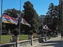 Provincial flags at half-mast on the legislature grounds in Victoria, following the death of Queen Elizabeth II.