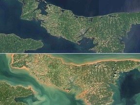 Comparison of satellite images of Prince Edward Island and the Northumberland Strait, taken on Aug. 21 (shown) and Sept. 25.