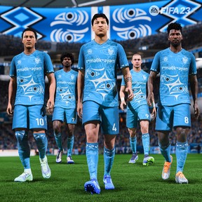 Players walk on a digital pitch in uniforms designed by Kelly Cannell in an undated screenshot from the FIFA 23 video game. EA Sports tapped Musqueam's visual artists, carvers, designers and weavers to showcase Musqueam's cultural elements in the new FIFA 23 video game, which is primarily manufactured at EA Vancouver.