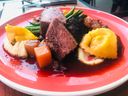 Three kinds of beef, a special ($45), was hearty to the max with braised beef cheek, slow-cooked sirloin and beef stuffed pasta. Also on the plate, cubed root veg, green beans, polenta and a lovely red wine sauce.