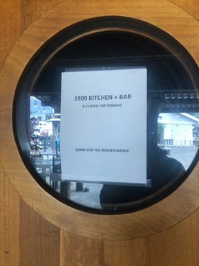 A closed sign on the door of the 1909 Kitchen and Bar at the Tofino Resort and Marina on Sept. 15, 2022.