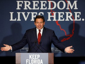 Florida Governor Ron DeSantis speaks after the primary election for the midterms during the "Keep Florida Free Tour" at Pepin?s Hospitality Centre in Tampa, Florida, U.S., August 24, 2022.  REUTERS/Octavio Jones