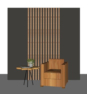 The East Coast Grit look features one-inch-by-two-inch wood strips vertically on the wall for an expansive feel. The wall behind the wood strips is painted a dark charcoal hue to contrast with the natural wood tone of the moulding.