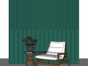 This Mid-Century Sleek look is achieved using vertical moulding but cut to different sizes. Part of the Wonder Wall mural ideas for DIY upgrades at home at the Vancouver Fall Home Show.