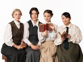 Kate Berg, Kahlila Ball, Zoe Autumn, and Abi Padilla star in Blue Stockings, a Studio 58 production at Performance Works until October 16.