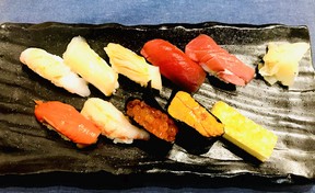 A plate of nigiri sushi from Itosugi Kappo Cuisine on West Broadway in Vancouver. Photo: Mia Stainsby.