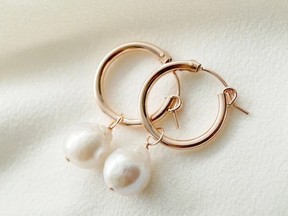 Hunter & Trove Baroque Pearl Rose Gold Hoop Earrings, $58.