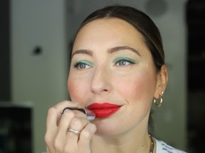 If you’re going from work to costume party simply swap out the nude lip for a bold red lip — I’m wearing MAC — Ruby Woo — add a wig or hair accessories of your choice and you’ll be looking Hallo-chic in no time. Photo: Nadia Albano.