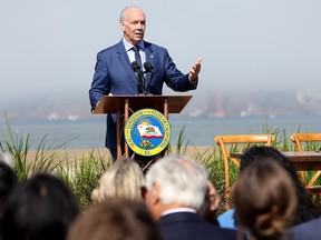 B.C. Premier John Horgan speaks during a news conference on Oct. 6 in San Francisco. California Gov. Gavin Newsom was joined by the governors of Washington and Oregon, and Horgan, to sign a new climate deal to further expand the region’s climate partnership.