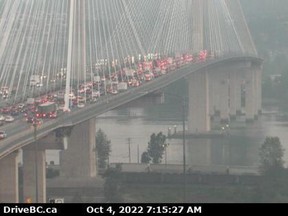 Coquitlam/Surrey, B.C. - Oct. 4, 2022: DriveBC camera of Hwy 1 at Port Mann Bridge, looking westbound. DriveBC said a vehicle incident has snarled up westbound traffic on Hwy. 1.