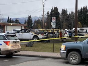 Several vehicles owned by the B.C. RCMP, B.C. Hydro and a B.C. ambulance were set on fire outside the Sunshine Inn in Smithers on Oct. 26.