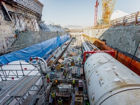 View of the future Great Northern Way-Emily Carr station site ahead of the October, 2022 launch of Elsie, the first of two tunnel boring machines on the right. Phyllis, the second tunnel boring machine, is being assembled on the left.