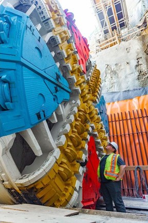 A close look at the cutting head of one of the tunnel boring machines before launch from the future Great Northern Way-Emily Carr station for the Broadway subway project.