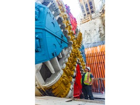 A close look at the cutterhead of the first tunnel boring machine prior to launch from the future Great Northern Way-Emily Carr Station.