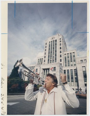 Frank Baker tried to mount a political comback by running for Vancouver mayor in the 1986 election, but lost. Here he launches his campaign in front of city hall on Oct. 29, 1986. The print has been marked up for editing. Craig Hodge/Vancouver Sun files.