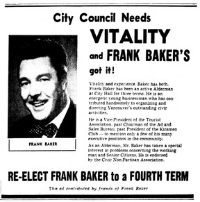 Frank Baker ad from the Dec. 12, 1960 Vancouver Sun. The flamboyant restauranteur was elected to Vancouver council four times, including in 1960.