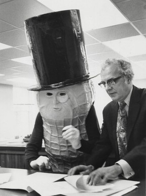 Mr. Peanut (Vincent Trasov) signs the nomination papers to run for the mayor of Vancouver, Oct. 30, 1974.