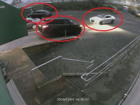 The Integrated Homicide Investigation Team has released this surveillance image of three vehicles thought to be involved in a shooting on Dec. 3, 2020, in the 4500-block of No. 3 Road in Richmond: a black Volkswagen Jetta, a silver Audi and a black Range Rover. That shooting has been linked to the March 2021 murders of brothers Chaten and Joban Dhindsa.