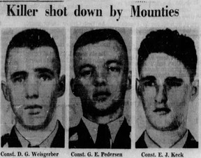 Kamloops RCMP constables, Gordon Pedersen, 25, Don Weisgerber, 23, and Joseph Keck, 25