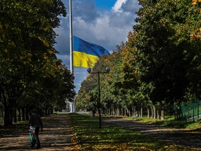 The Ukrainians are challenging in part because they have a stronger identity and are more devoted to Eastern Orthodoxy than the Russians.  Here, the Ukrainian flag flies at half-staff in the war-torn Donetsk region.