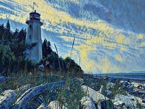 During a trip around Vancouver Island, writer Bill Arnott took photos with an old iPhone and then turned them into paintings using an online app.  This photo is of the Cape Madge Lighthouse and is one of many photos/paintings in Arnott's new book: A Season on Vancouver Island.