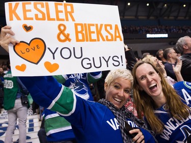 Vancouver Canucks fans show their supports for Anaheim Ducks #17 Ryan Kesler and #2 Kevin Bieksa in the first period of a regular season NHL hockey game at Rogers Arena, Vancouver January 01 2016.