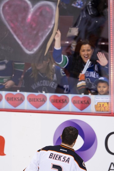 Canucks fans show their love for Anaheim Ducks #2 Kevin Bieksa during the pre game skate prior to playing the Vancouver Canucks in regular season NHL hockey game at Rogers Arena, Vancouver January 01 2016.