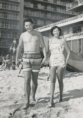 Frank Baker was the master of publicity, sending photos back to Vancouver when he was on vacation. Here he is shown on Waikiki Beach in Honolulu, celebrating his ninth wedding anniversary with his wife Dorothy. Vancouver Sun files.