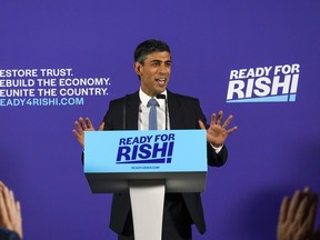 FILE - British Conservative Party Member of Parliament Rishi Sunak launches his campaign for the Conservative Party leadership, in London, July 12, 2022. Sunak, 42, will be the first Hindu and the first person of South Asian descent to lead the country, which has a long history of colonialism and has often struggled to welcome immigrants from its former colonies -- and continues to grapple with racism and wealth inequality.
