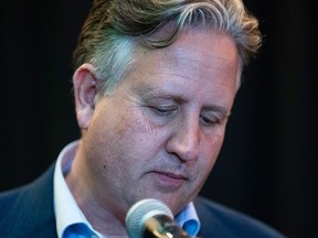 Vancouver mayoral candidate Kennedy Stewart pauses for a moment following his election night loss in downtown Vancouver, Saturday, October 15, 2022.