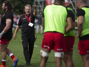 Canada's Senior Men's 15 team coach Kingsley Jones looks on during the team's warm-up prior to the first match of the Rugby World Cup 2023 Qualification Pathway against the US Eagles, at the Swilers Rugby Club in St. John's, Saturday, Sept. 4, 2021.