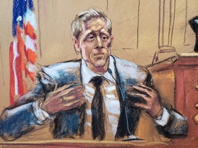 Plaintiff Anthony Rapp, who has accused actor Kevin Spacey of a sexual assault, testifies during his civil sex abuse case against Spacey in this courtroom sketch from the trial in New York, U.S., October 7, 2022. REUTERS/Jane Rosenberg