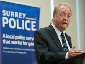 File photo of former mayor Doug McCallum speaking about the new Surrey police force.