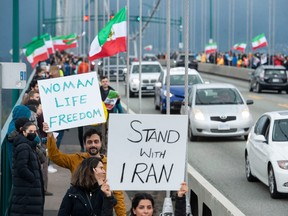 Thousands of people line Stanley Park Causeway and across the Lions Gate Bridge Saturday, October 29, 2022 to take part in the Human Chain for Iran protest.