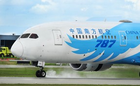 Three years ago 55 jumbo jets from China were each week touching down at Vancouver International Airport. Now there are only eight flights a week. (Photo: A China Southern jet lands at Vancouver International Airport in May, 2020.)