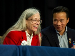 Vancouver mayoral candidates Colleen Hardwick and eventual winner Ken Sim in an October election debate.