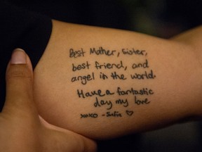 The last note written by Sufia before her death, tattooed on mother’s arm. Photo: Arlen Redekop