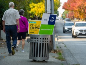 Signs post election on W. 6th ave. in Vancouver on Sunday.