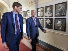 B.C. NDP Premier-designate David Eby and Premier John Horgan in Victoria on Monday. Photo: Darren Stone, Victoria Times Colonist.