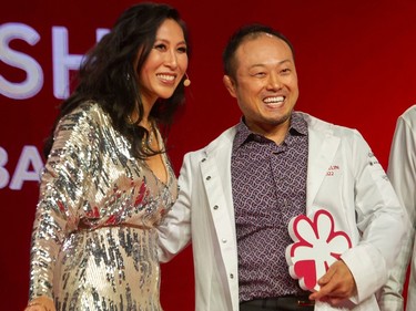 VANCOUVER, BC - October 27, 2022 -  Emcee Mijune Pak with Masayoshi Baba of Mayayoshi at Michelin Guide awards at Vancouver Trade and Convention Centre West in Vancouver, BC, October 27, 2022. The MICHELIN Guide will bestow awards upon the finest restaurants in Vancouver.
(Photo: Arlen Redekop / PostMedia) (Story by Mia Stainsby) [PNG Merlin Archive]