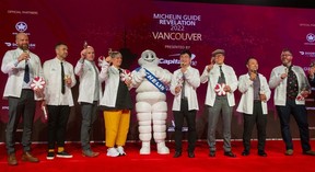 The one-star Michelin Guide chefs gather, making a toast to the audience, at the Michelin Guide awards at the Vancouver Trade and Convention Centre West last week.