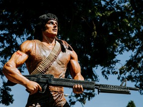 The iconic character Rambo, portrayed in the movie by actor Sylvester Stallone, is commemorated in Hope with this giant sculpture by Edmonton carver Ryan Villiers.