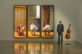 Artist Rodney Graham with 3 Musicians (Members of the Early Music Group “Renaissance Fare” performing Matteo of Perugia’s ‘le Greygnour Bien’ at the Unitarian Church of Vancouver, Late September, 1977) at the Rennie Gallery in 2014.