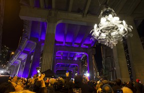 The Spinning Chandelier by Rodney Graham is officially unveiled under the Granville Street Bridge, Vancouver, November 27 2019.